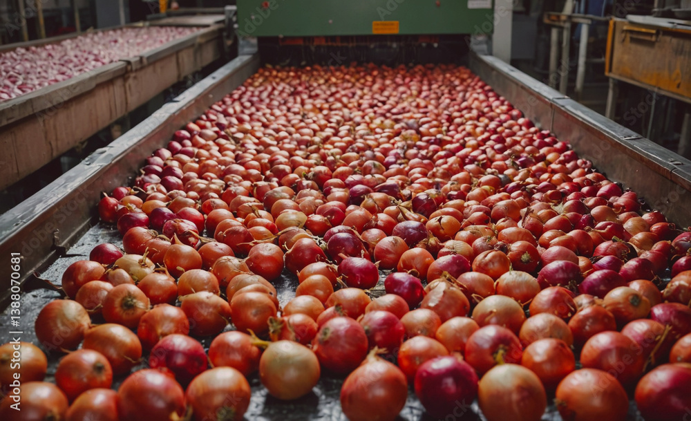 Poster Conveyor belt with many red apples on it. The apples are in a row and are all the same size