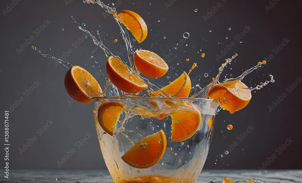 Poster bowl of oranges with water splashing out of it. the oranges are cut in half and scattered around the