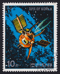North Korean postage stamp issued in 1976 featuring a satellite.