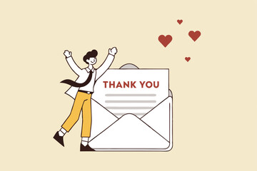Thank you message, appreciation or greeting to client, customer or employee communication, gratitude letter email, calligraphy concept, businessman saying thank you on thanks message envelope.
