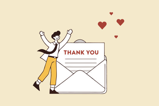 Thank you message, appreciation or greeting to client, customer or employee communication, gratitude letter email, calligraphy concept, businessman saying thank you on thanks message envelope.