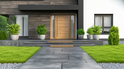 Modern Exterior of Stylish Home with Elegant Entrance and Greenery