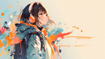 Obraz premium Anime Girl with Headphones in a Colorful Abstract World