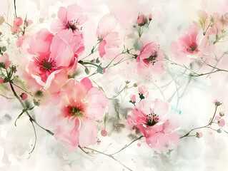 pink watercolor floral arrangement on soft white background, gentle blossoms and light brush strokes, calm feminine spa style