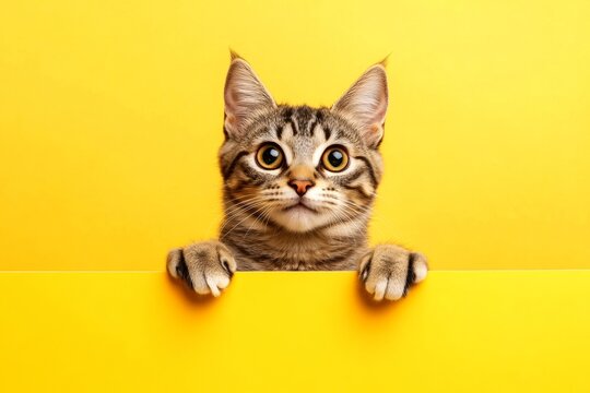 &ETH;&iexcl;ute adult cat pixiebob hold in front paws a wireframe - large yellow road sign. Street ad with cat. Studio cutie for sale. Cat in marketing. Isolated cat on a solid suit yellow background.