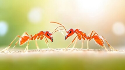 Fototapeta premium Close-Up Interaction Between Two Red Ants on Natural Background