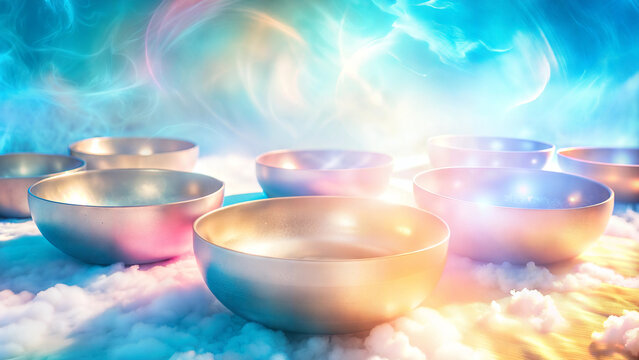 Singing bowls on cloud background. Sound healing concept. Relaxation and meditation equipment for stress relief, wellbeing, zen atmosphere at spa or studio