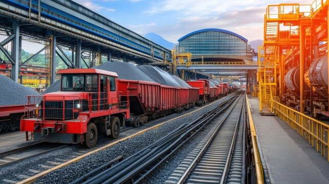 Industrial Freight Transport with Red Locomotive and Coal Cars - Powered by Adobe