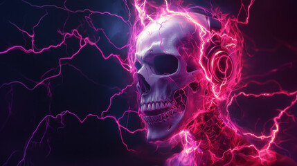 glowing skull with headphones surrounded by vibrant pink electric energy