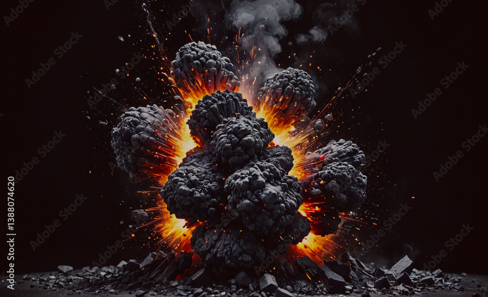Poster black and white image of a large explosion. the explosion is surrounded by a lot of smoke and debris