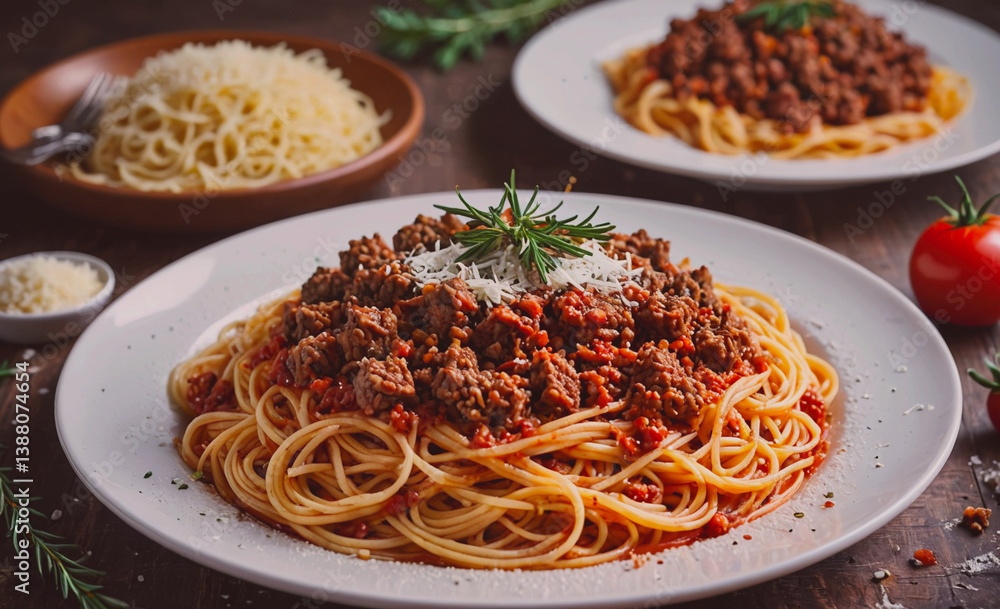 Poster Plate of spaghetti with meat sauce and cheese. There are two plates of spaghetti. One plate has a fork on it