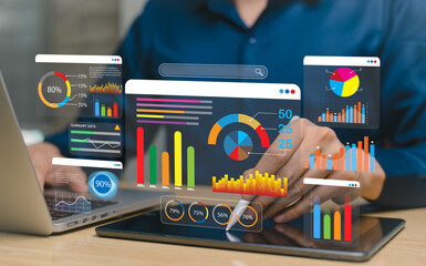 Data science business data intelligence,  Businessman using big data dashboards to evaluate...