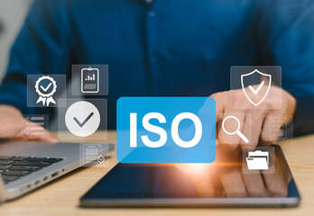 Businessman follow up business audit using online document verification technology, quality assurance, warranty, standards, ISO certification and standards concept.