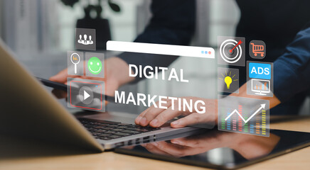 Digital marketing and online advertising concepts. Data driven customer engagement strategies. SEO strategies. Social media based advertising. Targeting consumers to achieve business success.