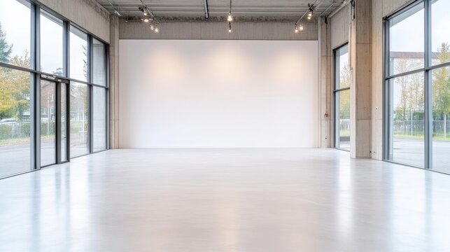 A large, empty room features a blank white wall. Floor-to-ceiling windows provide ample natural light. The space is minimalist and bright. The image is high-resolution, with even lighting. Its clean