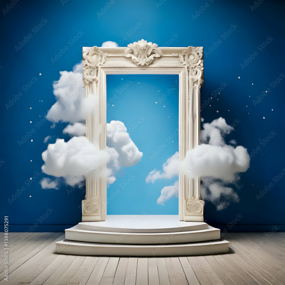 Fototapete white display stand on dark background with white door with clouds floating out. empty product displ