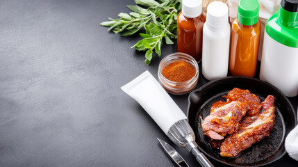 Grilled meat bbq essentials with sauces and herbs for outdoor cooking