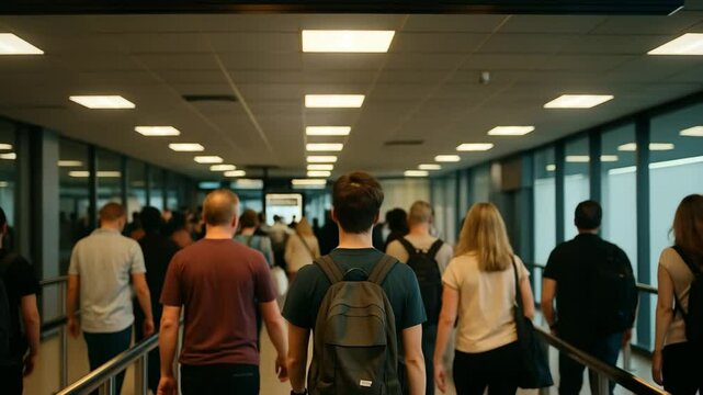 Travelers navigate through passport control amidst bustling airport atmosphere and warm lighting