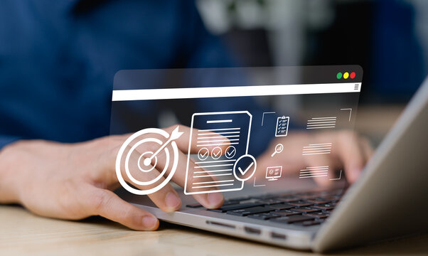 Quick checklist management concept and clipboard, enterprise target check and assessment, laptop performance monitoring and online survey filling, effective management.