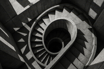 Obraz premium Concrete spiral staircase with dramatic light and shadow