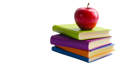 Stack colorful books with a red apple on a white background
