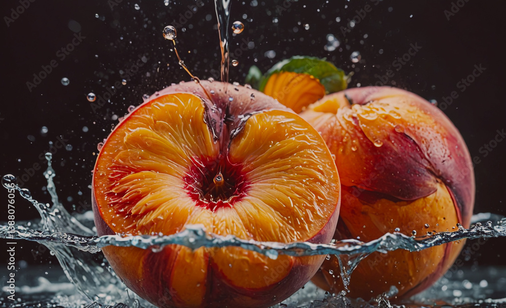Poster two oranges have been peeled and placed in a bowl of water. the water is splashing around the orange