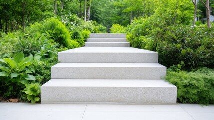 A set of light gray stone stairs ascends from a paved area. Lush green landscaping borders the stairs on both sides. The image is well-lit, showcasing a high resolution and sharp focus. Its style is m