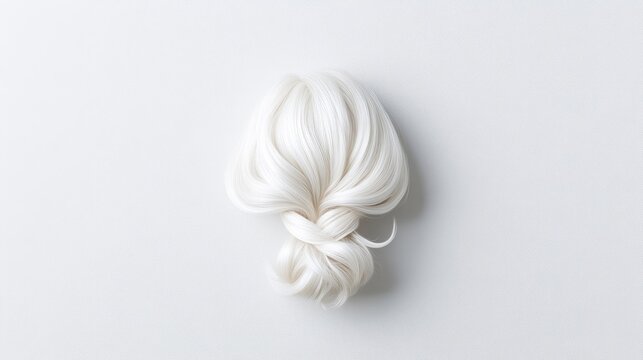 A white, neatly tied hair bun is the central focus. Its positioned against a plain, light gray background. The image is clean and minimalist, with soft lighting creating a serene mood. The colors ar