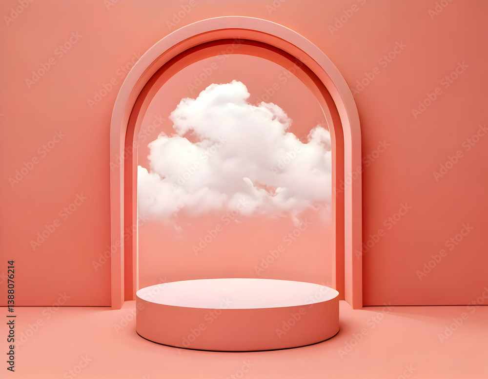 Poster pink display stand with clouds floating out, minimalist style, empty product display background on s