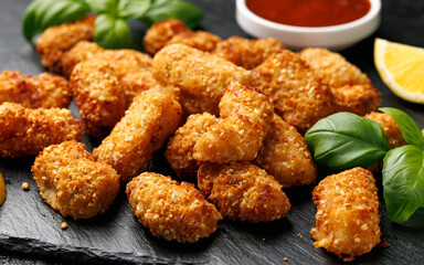 Crispy breaded scampi nuggets with sauce on stone board