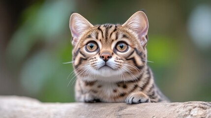 A captivating photo shows a short-haired cat with large, expressive eyes. Its brown and tan tabby markings are distinct. The cat rests on a log, slightly blurred background suggesting an outdoor sett