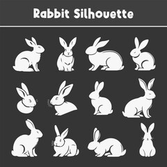 Isolated silhouettes of Easter bunnies on a dark background, comprising a set of diverse rabbit shapes for design