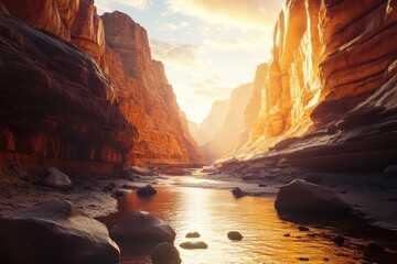 A majestic canyon showcases a flowing river under warm sunlight
