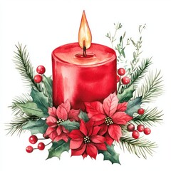 A vibrant red candle with decorative festive floral arrangement