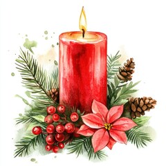 A watercolor illustration of a red candle with holiday decorations