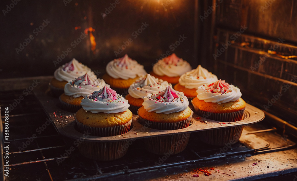 Poster tray of cupcakes is in an oven. the cupcakes are frosted and have sprinkles on top