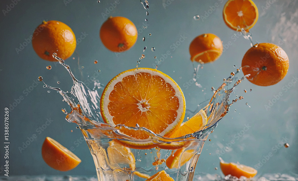 Leinwandbilder bowl of oranges with a splash of water. the oranges are in the water and some are floating