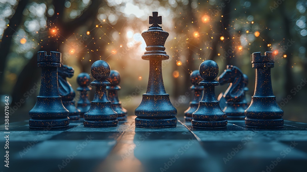 Poster chess pieces on board with magical bokeh lights and sunset glow in background creating atmospheric m