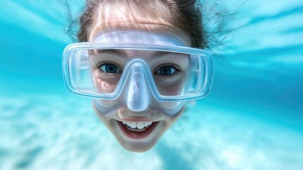 Fototapeta premium Smiling child underwater with snorkel gear