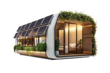 Futuristic tiny house with integrated solar panels, white background