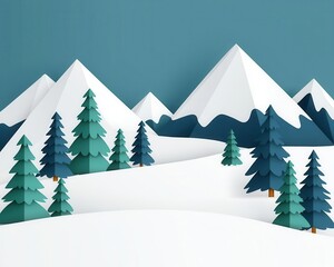 Posterstyle alpine scene with stylized snowy mountains and trees