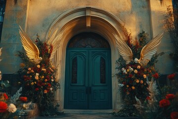 Decorative entrance featuring flowers and ornate golden angel wings
