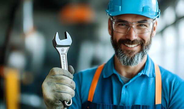 Confident mature bearded mechanic in blue uniform and hardhat holding wrench tool, smiling at camera. Professional maintenance worker with safety glasses in workshop.