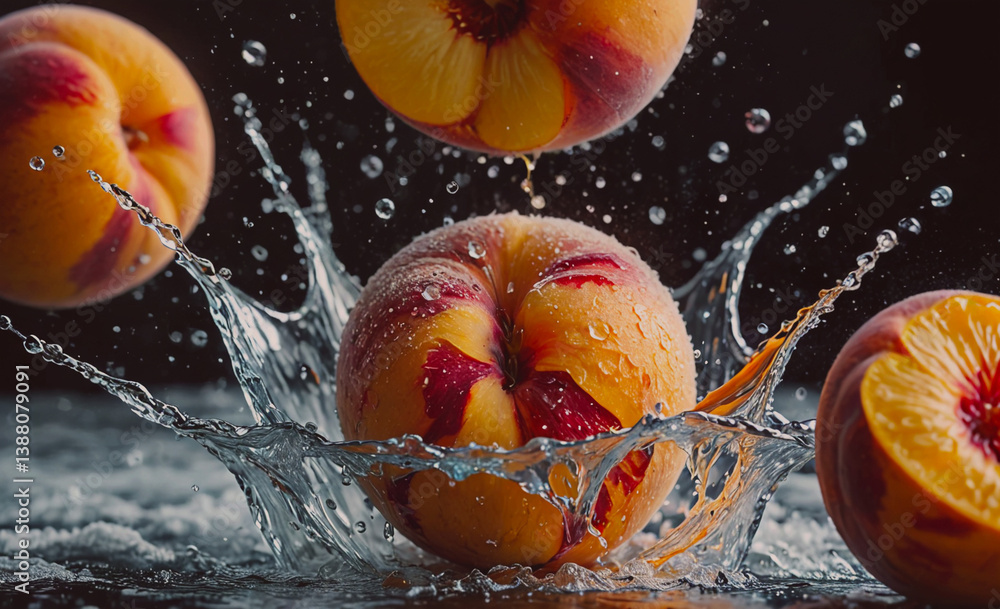 Poster peach is in the middle of a splash of water. there are three other peaches in the splash