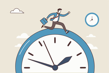 Time run out, deadline or hurry to go to the office late, urgency or determination to finish work fast, stressed or anxiety to complete work concept, hurry businessman run fast on time run out clock.