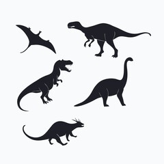 Vector illustration of a Tyrannosaurus Rex dinosaur silhouette with various animals and wildlife icons in black on a white background