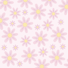 Hand-drawn pastel flower background texture with yellow centers and seamless repeat. Perfect for textile prints, kids' themes, wall art, and feminine decorative design.