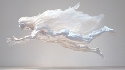 A translucent figure with flowing hair appears suspended in mid-air, embodying a sense of freedom and movement. The sleek design combines elements of light and shadow