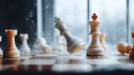 White king piece hovers above a chessboard surrounded by other pieces, capturing the intensity of a chess match in a sunlit room on a leisurely afternoon