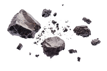 A group of asteroids breaking apart as they fly, with pieces crumbling off.